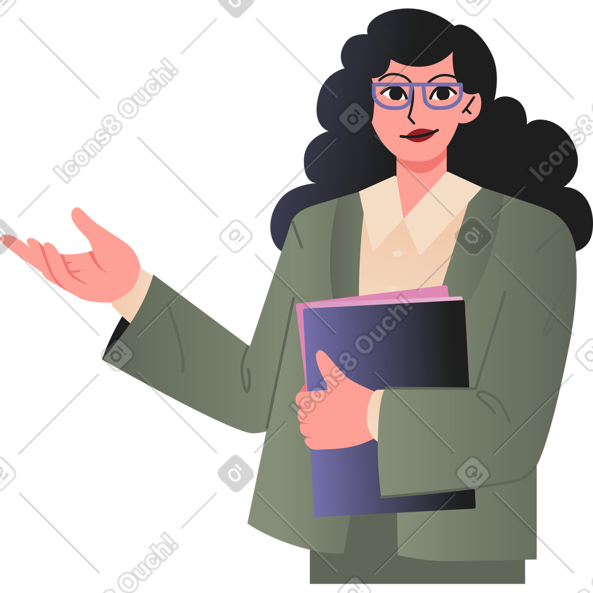 Young woman in glasses with a folder her hand pointing at something illustration Coworking style download PNG, SVG
