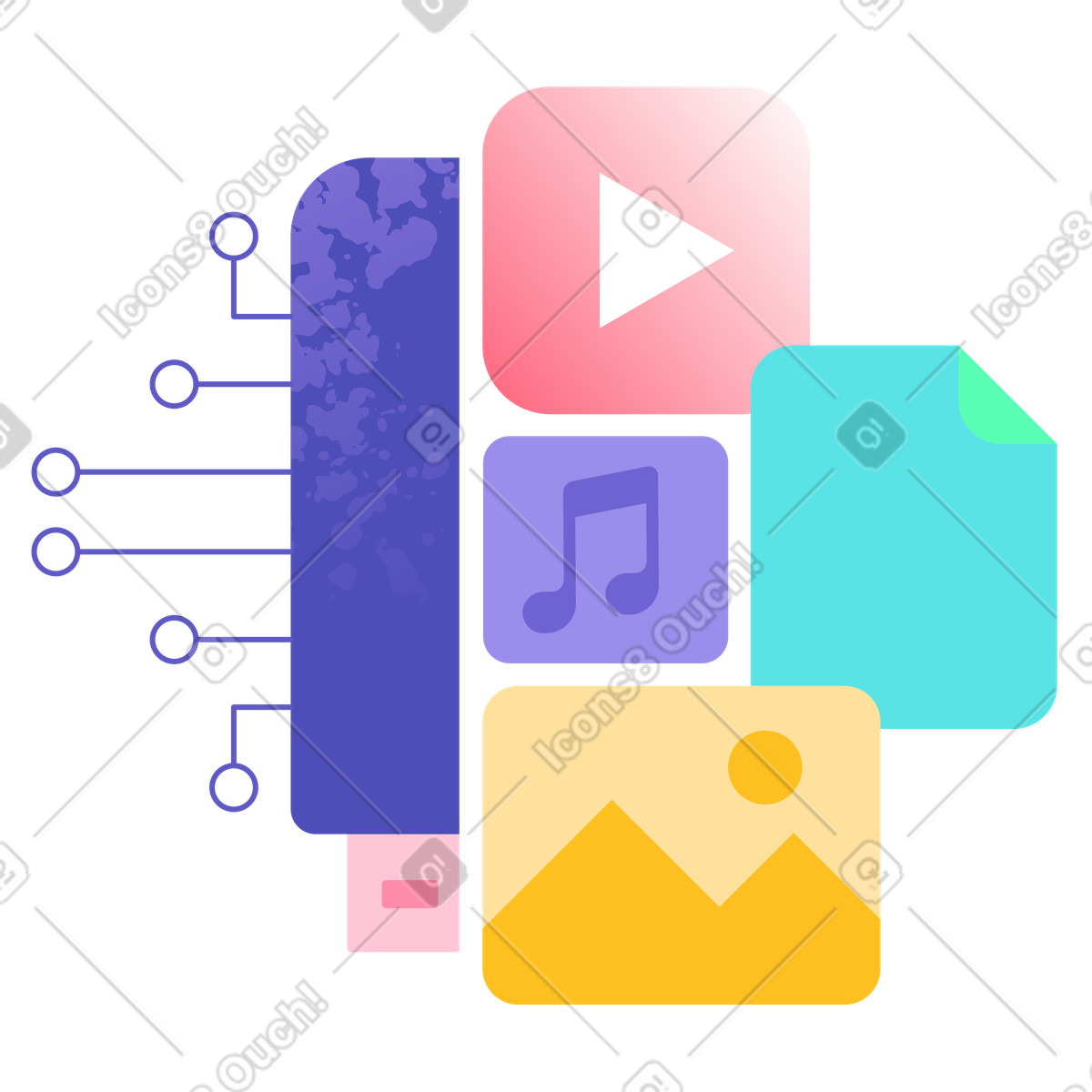 Illustration Stockage et organisation de contenu numérique, appareil portable pour le transfert fichiers multimédias, données sauvegarde médias dans style Bright à télécharger aux formats PNG, SVG