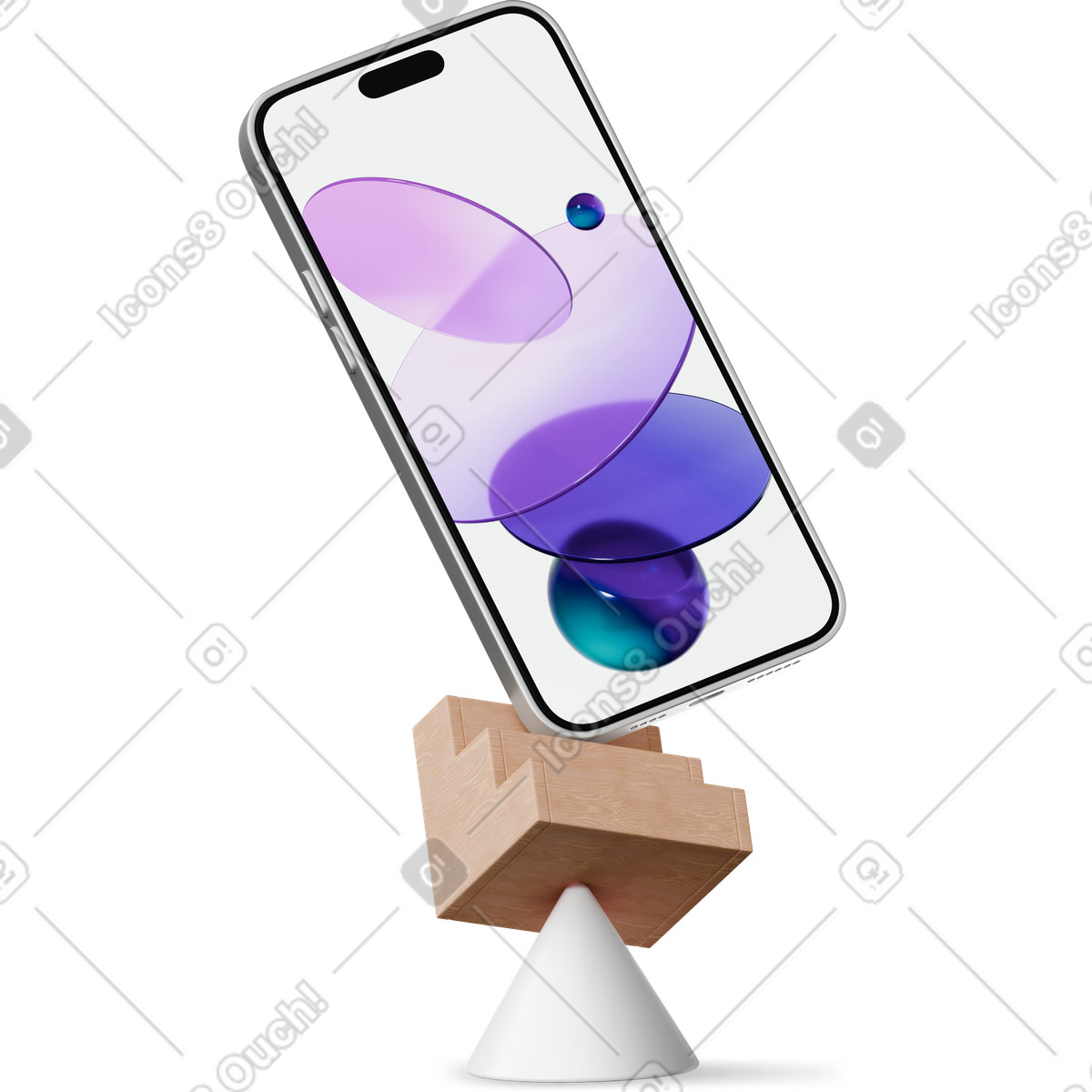 下载 3D Hygge 风格的 Smartphone standing on two abstract shapes 动画插图，支持 GIF、Lottie （JSON）、AE 格式