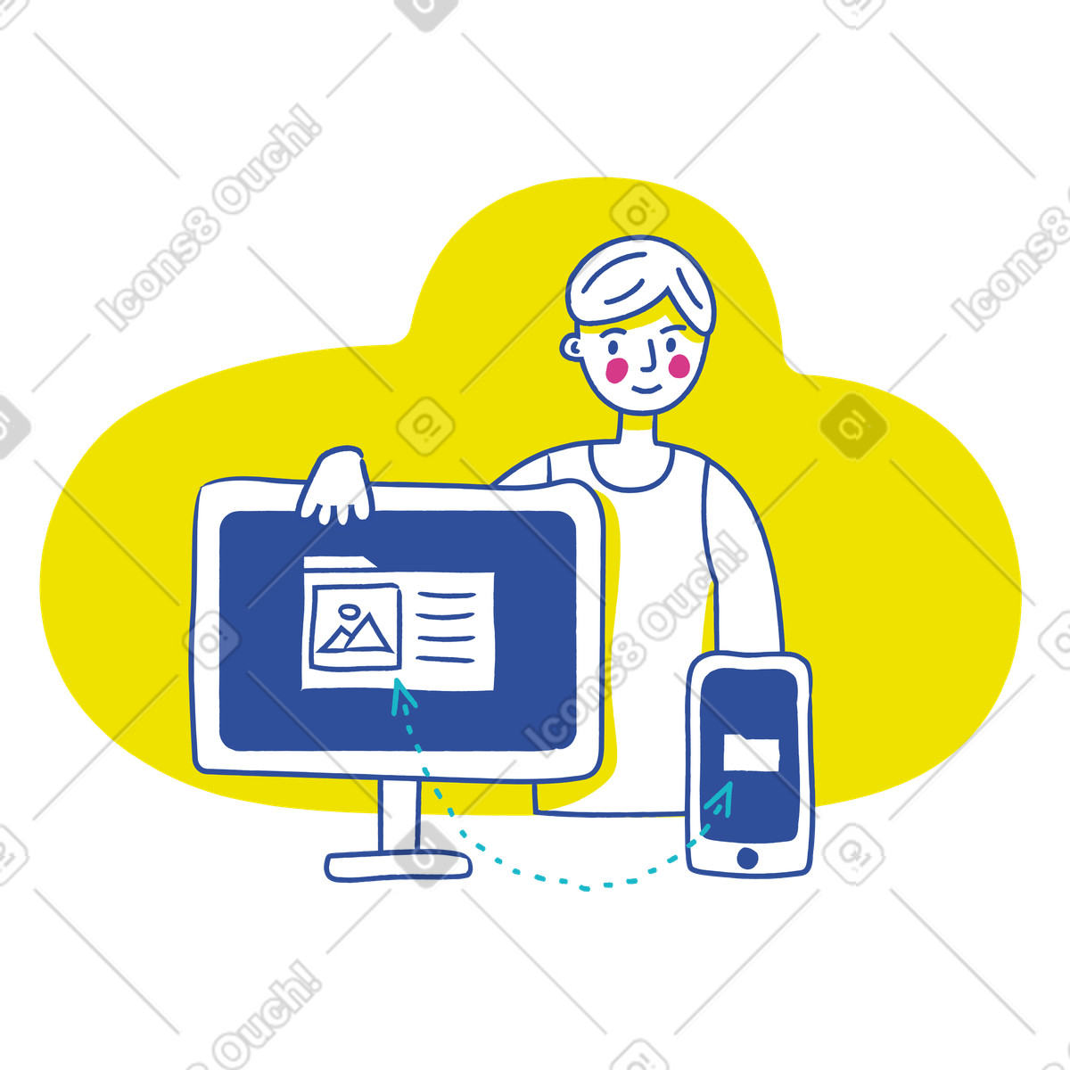 Lime スタイルの Saas を使用してデバイス間でファイルを転送する男性 のイラストをPNG、SVG形式でダウンロード