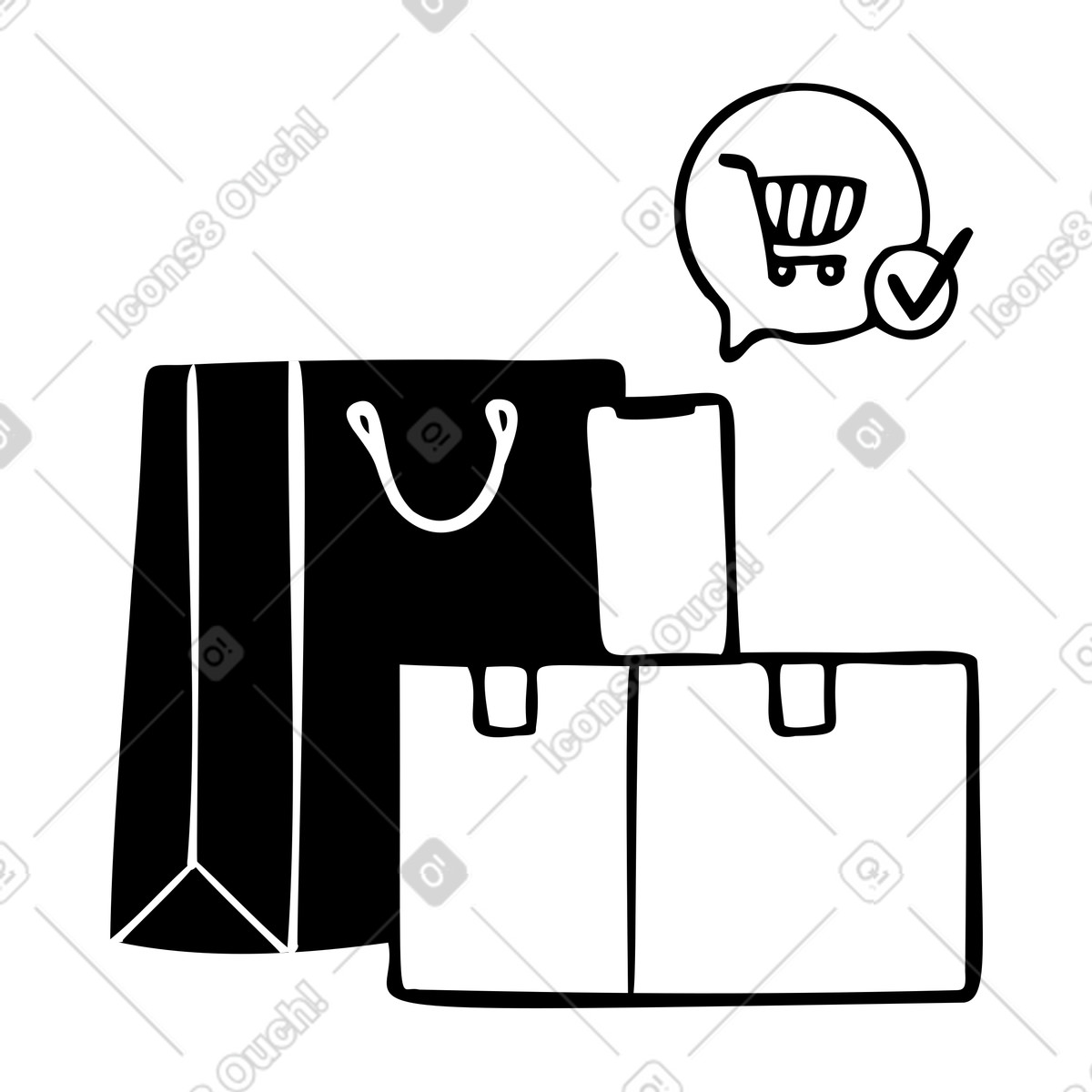 Illustration Achats en ligne avec smartphone, sac de courses et boîte livraison dans le style Journal à télécharger aux formats PNG, SVG