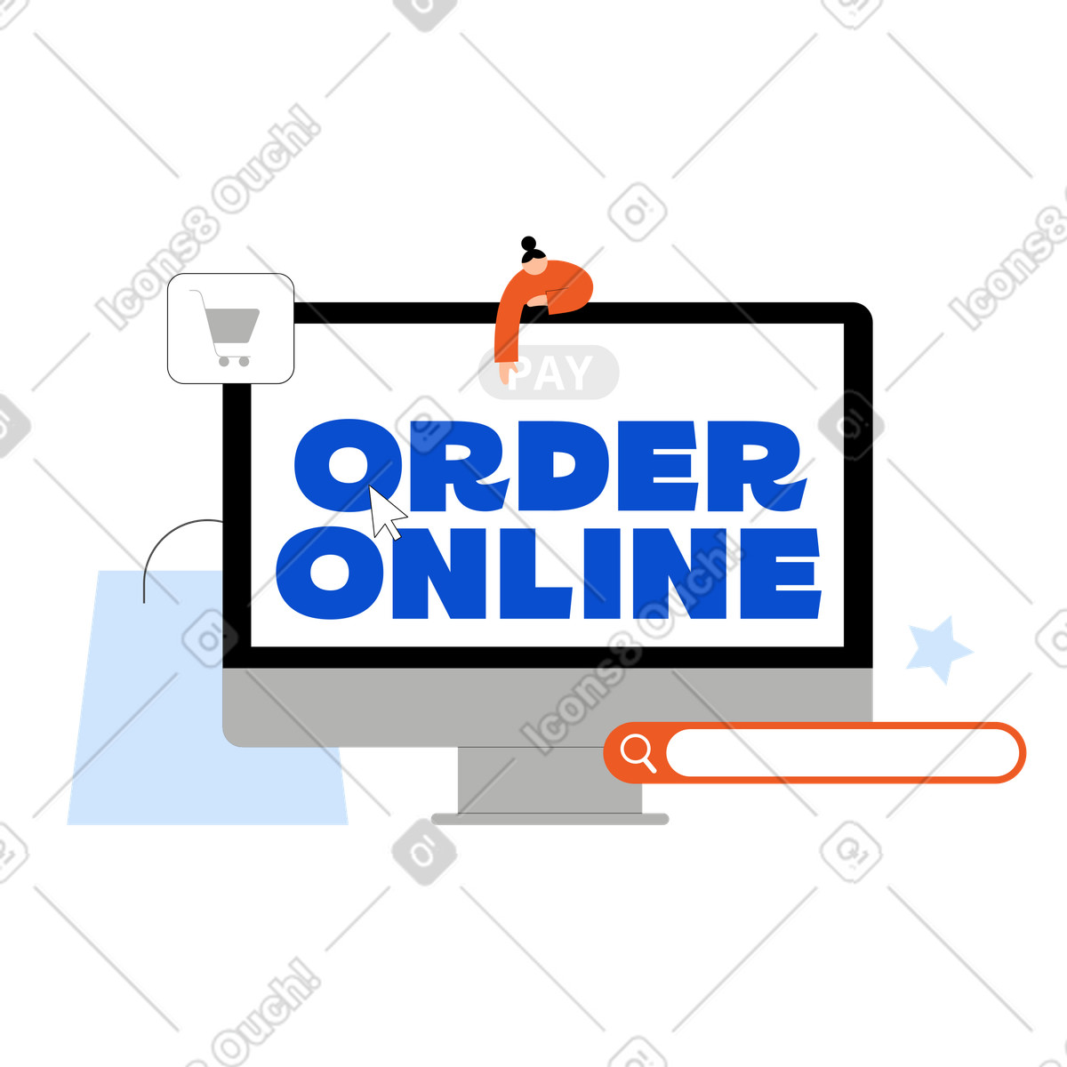 Lettering order online con testo di elementi e-commerce illustrazione in stile Tiny scarica in PNG, SVG