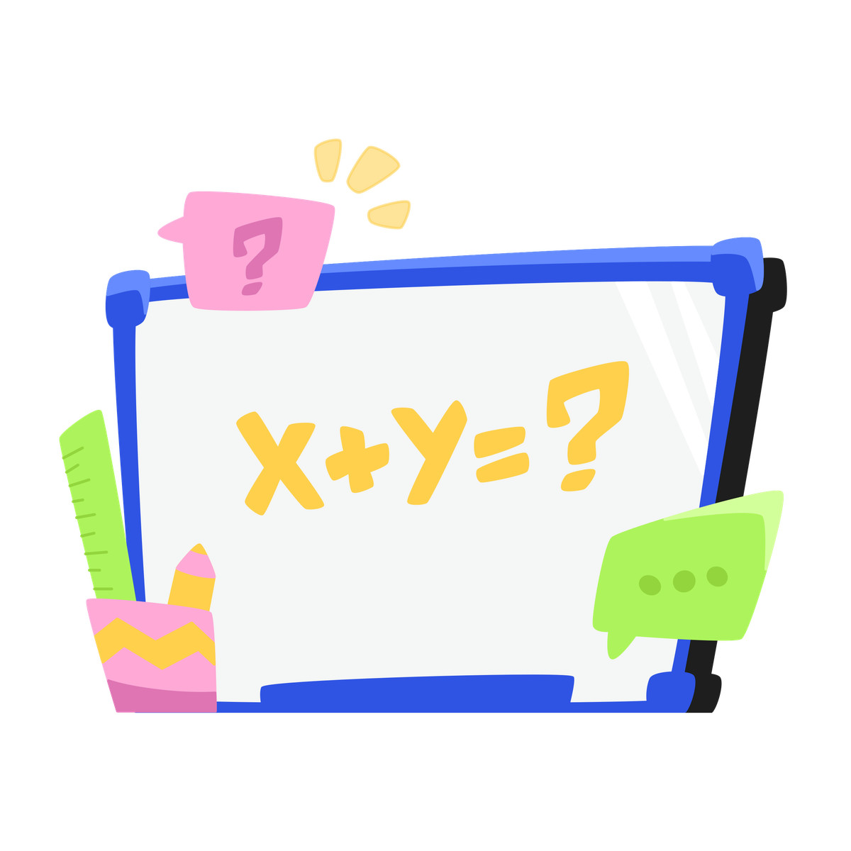 Blackboard with equation, glass stationery, and speech bubbles question answer illustration in Bouncy style download in PNG, SVG