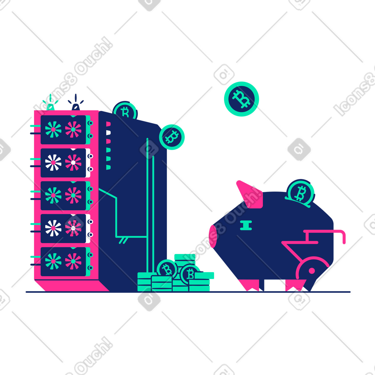 下载 Cyborg 风格的 带有比特币的加密存钱罐因显卡而变得富有 插画，支持 PNG、SVG 格式