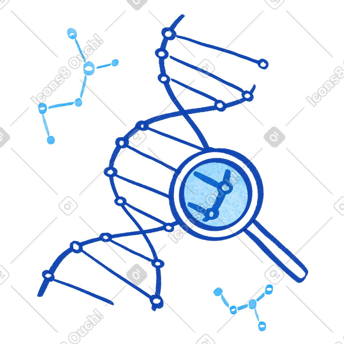 Ilustração de Dna strand under magnifying glass highlighting molecular structure connections em no estilo Tint para baixar em PNG, SVG