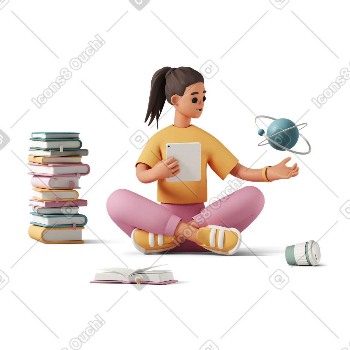 Girl studying science sitting in lotus pose illustration in 3D Casual life style download in PNG, SVG