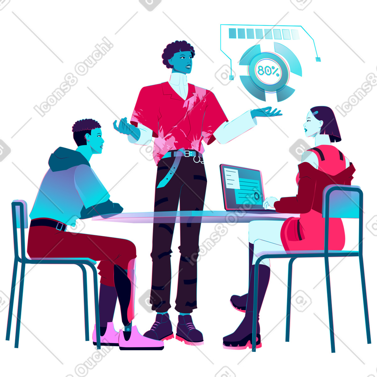 Neon スタイルの Team brainstorming session with digital data, Business strategy meeting のイラストをPNG、SVG形式でダウンロード