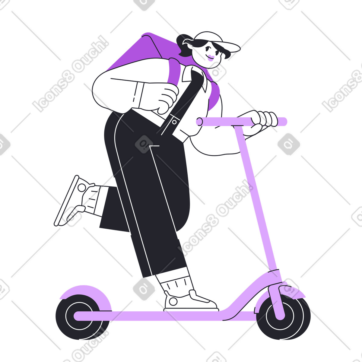 Grapy 스타일의 Food delivery worker on kick scooter, Meal service 애니메이션 일러스트레이션 GIF, Lottie(JSON), AE로 다운로드
