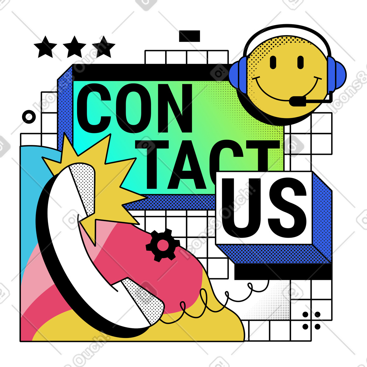Memphis スタイルの Contacting customer support over phone のイラストをPNG、SVG形式でダウンロード
