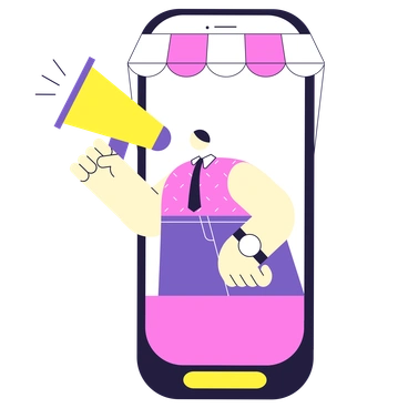 A man with a megaphone inside a smartphone - Mellow style illustration