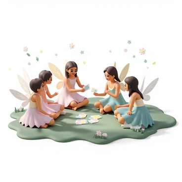 Several fairies, each with delicate wings shimmering in various pastel colors, are sitting in a circle on a soft patch of grass in a forest glade. The fairies are dressed in flowing dresses made of leaves and flower petals, showcasing intricate natural patterns. In the center of the circle, they are exchanging "magical cards" that glow softly with vibrant colors. Sunlight filters through the leaves overhead, creating playful patterns on the ground, while small woodland creatures observe curiously from the edges of the glade. Each fairy has an expressive face, highlighting their excitement and joy during the exchange.