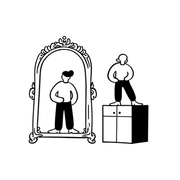 A person standing in front of a large ornate mirror. On the left side of the mirror, a reflection shows a figure dressed in past clothing, appearing less confident and looking down. On the right side, the reflection displays a figure dressed in modern attire, standing tall with a posture of confidence. The frame of the mirror is detailed with intricate patterns, and the floor beneath the mirror is polished, reflecting both images.