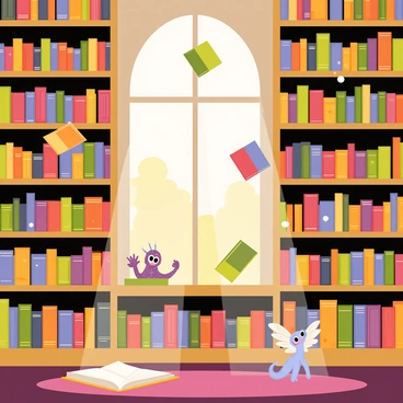 An old library with wooden shelves filled with colorful books. The books are floating gently in the air, some open with pages flipping. Magical creatures, such as a small dragon with shimmering scales and a fairy with delicate wings, are sitting on the shelves and intently reading the floating books. Soft beams of light filter through tall, arched windows, illuminating dust particles in the air. The floor is covered in a rich, dark carpet, adding warmth to the scene.