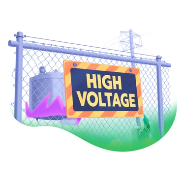 A close-up view of a "High Voltage" warning sign prominently displayed on a chain-link fence. The sign features bold yellow letters against a black background, indicating caution. The fence is made of galvanized metal and is partially covered in rust, adding texture to the scene. In the background, a large electrical transformer is visible, surrounded by additional safety markings. The setting includes green grass at the base of the fence, contrasting with the metallic elements.