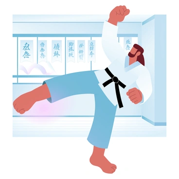 A martial artist wearing a traditional gi is delivering a high kick in a dojo. The dojo has wooden floors and walls adorned with several calligraphy banners hanging from the ceiling. The martial artist's stance is strong and focused, with one leg extended upwards in a kick, while the other leg remains firmly on the ground. Natural light is streaming in from large windows, illuminating the space, and there is a sense of discipline and focus in the environment.