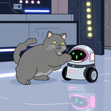 A sleek, futuristic setting with glossy surfaces and bright, colorful lights. In the center, a curious cat with shiny grey fur and bright green eyes is playfully pawing at a small, round robot. The robot has a shiny metallic surface, with blinking LED lights and expressive digital eyes, looking back at the cat. The background features abstract shapes and tech-inspired designs, enhancing the futuristic atmosphere. The floor is smooth and reflective, capturing the interaction between the cat and the robot.