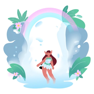 An elf is standing beneath a cascading waterfall, with water splashing around. The elf has long pointed ears and is dressed in intricate garments made of leaves and flowers. The waterfall flows down from a rocky cliff, creating mist that catches the light. Surrounding the waterfall are several vivid rainbows arching through the air, enhancing the magical atmosphere. The lush greenery of the forest surrounds the scene, with ferns and vibrant flowers framing the waterfall and elf.