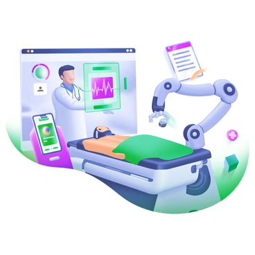 A modern pastel illustration depicting a futuristic healthcare environment. In the center, a doctor is interacting with a holographic interface, showing a digital display of a patient's vital signs. To the side, a robotic surgical arm is performing a precise operation on a patient, who is comfortably lying on an advanced operating table. Surrounding these central elements are icons representing telemedicine, including a smartphone with a video call interface and a digital prescription pad. The background features modern medical equipment and bright, clean colors to emphasize a high-tech atmosphere.