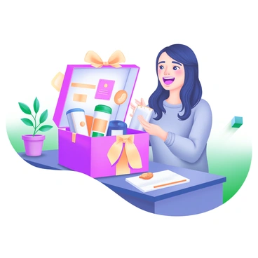 A woman is sitting at a table, joyfully opening a "personalized gift box." The box is beautifully decorated with a ribbon. Inside the box, there are "her favorite products," including a scented candle, a skincare set, a stylish notebook, and a gourmet snack. The woman has long hair and is wearing a comfy sweater. She has an expression of delight and surprise as she discovers the contents of the box. The setting is cozy, with soft lighting and a few potted plants in the background.