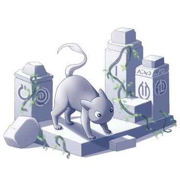 A rare Pokémon is depicted in a dynamic pose as it explores ancient ruins. The creature has distinct features that highlight its uniqueness. Surrounding it are crumbling stone structures adorned with intricate carvings that showcase detailed patterns and symbols. Overgrown vines drape over the ruins, intertwining with the stones, adding a sense of nature reclaiming the space. The setting is filled with shadows cast by the ruins, creating a mysterious atmosphere.