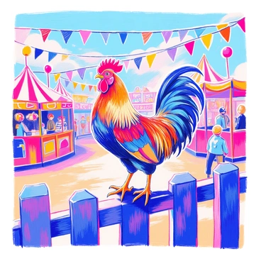 A rooster with vibrant feathers is standing proudly on a wooden fence. The rooster has a bright red comb and wattles, and its feathers display a mix of iridescent reds, golds, and browns. Surrounding the rooster, colorful flags are strung up throughout the fair, fluttering in the breeze. Brightly colored balloons are tied to various stalls, adding to the festive atmosphere. In the background, there are various booths with people enjoying games and food, contributing to the lively scene of the country fair.