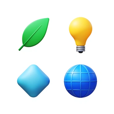 A collection of unique icons, each representing a different concept. The icons feature distinct shapes and colors. One icon represents a leaf in vibrant green. Another icon depicts a light bulb in bright yellow. A third icon showcases a globe in deep blue with grid lines. Each icon is designed in a 3D style with shadows and highlights to enhance the visual depth. The background is plain to emphasize the icons themselves.