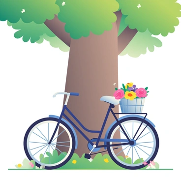 A vintage bicycle with a dark blue frame and white accents is leaning against a large, textured tree trunk. The bicycle has a front basket overflowing with vibrant, colorful flowers including pink roses, yellow daisies, and purple violets. The tree has lush green leaves and the sunlight filters through them, casting soft shadows on the ground. The grassy area surrounding the tree is dotted with small wildflowers, enhancing the tranquil outdoor scene.