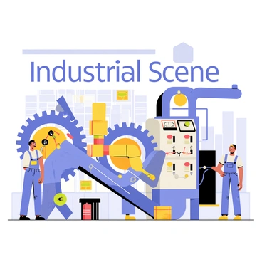 A bustling industrial scene filled with various machinery including large gears, pipes, and conveyor belts. Several workers in blue overalls are actively engaged with the equipment, one is adjusting a valve while another is inspecting a control panel. The background features a factory with windows showing the inner workings. The floor is scattered with tools and materials. "Industrial Scene" is prominently displayed in bold letters above the machinery.