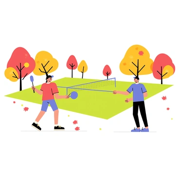 A court for pickleball with two players in action. One player is wearing a bright red shirt and holds a paddle, while the other player is dressed in a blue shirt, ready to receive the ball. Around the court, there are trees with vibrant orange, yellow, and red leaves, creating a colorful backdrop. The ground is covered with scattered leaves, and the sky is clear blue, enhancing the autumn ambiance. Both players are focused on the game, showcasing their enthusiasm and energy.