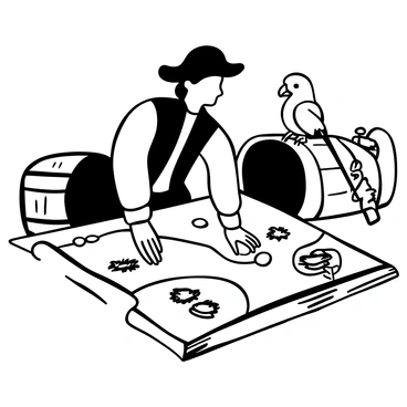 A pirate captain with a tricorn hat and a long coat is leaning over an old, worn treasure map spread out on a wooden table. The map shows various islands and markings, indicating potential treasure locations. The captain's hand rests on the map, tracing a route with a compass beside it. A parrot sits perched on the captain's shoulder, surveying the map with interest. In the background, there are barrels and a sword leaning against the wall, adding to the atmosphere of a pirate ship.
