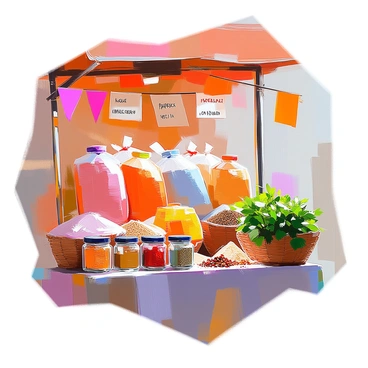 A vibrant market stall filled with an array of aromatic Hispanic spices and herbs. Colorful sacks of spices such as paprika, cumin, and oregano are stacked high, each labeled with their names in bold letters. Fresh herbs like cilantro and parsley are bundled together, their green colors contrasting vividly with the warm tones of the spices. Small jars filled with vibrant chili powders and dried peppers line the front of the stall, inviting shoppers to explore the rich flavors. The stall is adorned with decorative woven baskets and bright banners, creating a lively atmosphere.