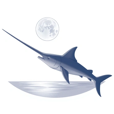 The silhouette of a swordfish is prominently displayed against the backdrop of a full moon. The moon is large and round, casting a bright reflection on the surface of the ocean. The ocean is calm, with gentle ripples that mirror the moonlight. The swordfish is depicted in profile, showcasing its long, pointed bill and streamlined body. The overall composition highlights the contrast between the dark silhouette of the swordfish and the luminous moon above.