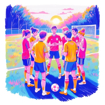 A soccer team is huddled together on the field, with players wearing bright jerseys and shorts. Each player has a determined expression as they engage in a passionate discussion about their game strategy. Some players are pointing towards the field, while others are nodding in agreement. The group's diverse hairstyles and athletic gear add to the dynamic atmosphere. Nearby, the soccer ball rests on the grass, and the goal posts are visible in the background. The setting sun casts a warm glow over the scene, highlighting the intensity of their conversation.