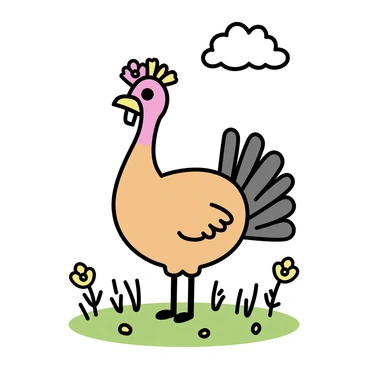 A cartoon turkey with vibrant orange and brown feathers, adorned with a colorful floral crown made of red and yellow flowers. The turkey is standing proudly in a green meadow filled with tall grass and scattered wildflowers. The sky above is clear with a few fluffy white clouds. The turkey's beak is slightly open, as if it is about to make a cheerful sound.