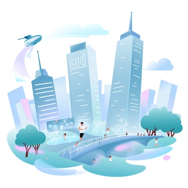 A sprawling cityscape features towering skyscrapers with sleek, metallic surfaces and glowing accents. Flying vehicles zip through the air, leaving trails of light behind them. Below, streets are bustling with people interacting with advanced holographic displays. Parks with lush greenery are integrated into the architecture, featuring pathways that wind through vibrant urban life. A bridge connects two skyscrapers, adorned with neon lights. In the background, a large digital billboard displays dynamic advertisements.
