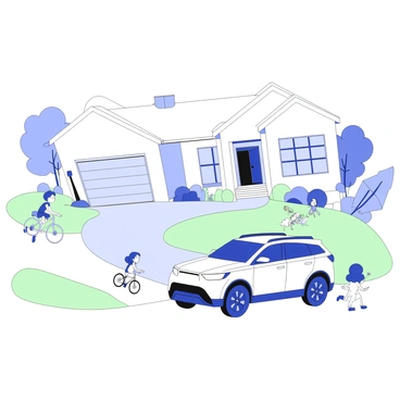 A crossover SUV is parked in the driveway of a suburban home. The vehicle has a sleek design, with large wheels and a spacious interior visible through the windows. The driveway is lined with green grass, and nearby, there are children playing. One child is riding a bicycle, while another child is flying a colorful kite. The house in the background features a well-kept lawn and a porch with a welcoming front door. Trees line the street, providing shade to the scene.