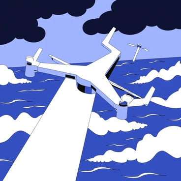 A navy drone is hovering above a turbulent ocean, its design sleek and aerodynamic. The drone is equipped with a powerful searchlight that beams down, cutting through the dark and stormy atmosphere. The ocean waves are high and choppy, reflecting the drone's searchlight as it illuminates the swirling water below. Dark clouds loom above, adding intensity to the scene. The drone's propellers are in motion, and the searchlight creates a stark contrast against the shadows of the storm.