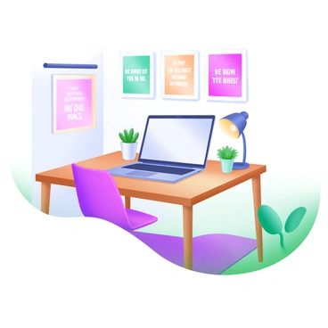 A cozy home office corner featuring a wooden desk with a sleek laptop open and ready for use. On the wall are several motivational posters framed in soft colors, each with inspiring quotes. A comfortable chair is positioned at the desk, and a small green plant sits in a pot next to the laptop. A soft rug covers the floor beneath the desk, adding warmth to the space. A warm light is coming from a stylish desk lamp, illuminating the workspace.