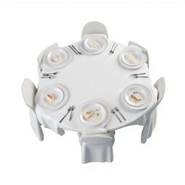 A dinner party table elegantly set with individual white plates, each containing distinct dishes that do not touch one another. The plates are arranged neatly in a circular fashion. There are clear serving utensils placed beside each plate, designed to maintain separation between dishes. The table is adorned with a crisp white tablecloth and decorative napkins folded neatly beside each plate. Soft lighting enhances the inviting atmosphere of the setting.