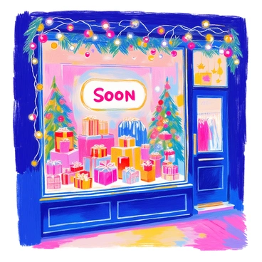 A shop window is decorated with a variety of colorful holiday lights, twinkling and glowing in the evening. The window displays an assortment of neatly arranged merchandise, including wrapped gifts and festive decorations. In the center of the window, there is a large sign that reads "Coming Soon" in bold letters. The atmosphere is inviting, with reflections of lights creating a warm ambiance.