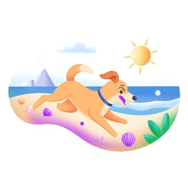 A playful dog with a golden coat is sprinting across a sandy beach, its ears flopping in the wind. The dog's paws are kicking up sand behind it, creating a small cloud of golden grains. The sun is high in the sky, casting bright light over the scene, and the ocean waves are gently rolling in the background. There are a few seashells scattered along the shoreline, adding to the beach atmosphere. The dog's tail is wagging enthusiastically as it runs, embodying joy and energy.