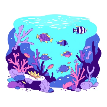 A vibrant underwater scene filled with a variety of colorful fish swimming among detailed coral reefs. The fish display a range of colors, including striking blue, orange, and yellow patterns as they dart playfully through the water. The coral reefs showcase intricate structures, with branches and soft corals in shades of pink and purple, creating a lively habitat. Sunlight filters down through the water's surface, illuminating the scene and highlighting the textures of the coral and the scales of the fish.