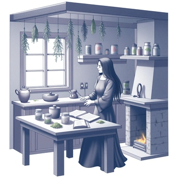 A medieval witch is standing in a rustic kitchen filled with various herbs hanging from the wooden beams above. She is carefully measuring out dried herbs on a wooden table that is cluttered with mortar and pestle, jars of ingredients, and open spell books. The witch has long, flowing hair and is wearing a plain, dark dress that reaches her ankles. Her focused expression indicates she is intently studying an ancient text for guidance. The kitchen has a stone fireplace with a small pot hanging over the fire, and the walls are adorned with shelves filled with additional jars and tools. A wooden window lets in natural light, illuminating the scene.