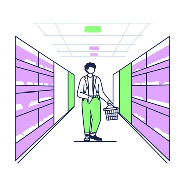 A supermarket aisle is depicted with bare shelves that have limited items remaining. The shelves are lined along both sides, showing empty spaces where products have been removed. In the middle of the aisle, there is a lone shopper wearing a casual outfit, holding a shopping basket. The shopper has a contemplative expression while looking at the shelves. The floor is clean and polished, creating a stark contrast with the emptiness of the shelves. In the background, faint outlines of additional aisles can be seen, adding depth to the scene.