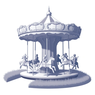 A carousel with an ornate structure featuring historical figures as the ride's handcrafted seats. Each seat is a detailed sculpture representing a different historical figure, such as a knight in shining armor, a pioneer woman with a sun hat, and a scientist with a telescope. The carousel has decorative elements like intricate carvings along its edge and a central pole adorned with classical motifs. The ride is surrounded by lush greenery, with a soft path leading up to it and the entire scene captured in monochrome.