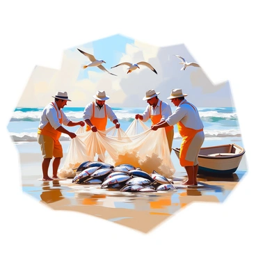 A vintage beach scene featuring several fishermen working together to pull in large nets from the water. The fishermen are wearing traditional clothing, such as striped shirts and wide-brimmed hats. The nets are overflowing with different types of fish, including colorful mackerel and shiny sardines. In the background, gentle waves lap against the shore, and seagulls can be seen soaring above. The sun casts warm light on the sand and the fishermen, creating a nostalgic atmosphere. A small wooden boat is anchored nearby, adding to the coastal charm of the scene.