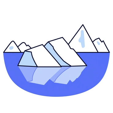 A large iceberg with sharp, angular edges floats in the water. The iceberg has varying shades of white and blue, reflecting light in a striking manner. The calm waters of the bay mirror the iceberg's structure, creating a symmetrical reflection. The water is a deep blue color, contrasting with the iceberg's bright tones. In the background, the silhouette of distant snow-covered mountains rises gently against the sky.