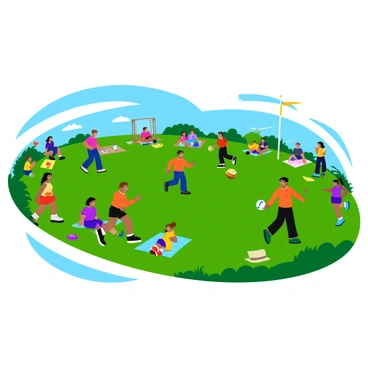 A vibrant community rugby event is taking place on a sunny day. Families are gathered on a green grassy field, with children engaged in various fun activities. Some children are running around playing tag, while others are kicking a rugby ball towards a goalpost. Colorful banners flutter in the breeze, and there are picnic blankets spread out with families enjoying snacks. A group of children is participating in a friendly game of rugby, wearing bright jerseys. In the background, parents cheer and encourage their kids, contributing to the lively atmosphere.