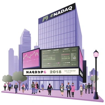 A digital flat illustration of the facade of the NASDAQ building, prominently featuring its large electronic display. The display is glowing brightly, showcasing various colorful market data and stock information, with numbers and graphs dynamically changing. The building itself is a modern structure with reflective glass windows. The scene is bustling with people walking in front of the building, some stopping to look up at the display. There are cityscape elements in the background, including tall skyscrapers and streetlights. A few trees are lined along the sidewalk, adding a touch of greenery to the urban environment.