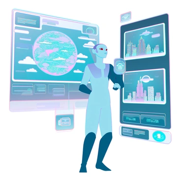 An alien with a smooth, elongated body and large, luminous eyes is standing in a high-tech environment. The alien has iridescent skin that reflects various colors under the bright lights. It is holding a holographic device in its claw-like hand, which projects vibrant images of a distant planet. The hologram displays intricate landscapes, swirling clouds, and glowing cities on the planet's surface. The alien gazes intently at the holographic images, with a focused expression, as it communicates with the distant planet. Surrounding the alien are advanced technological interfaces and screens displaying data and information related to the communication.